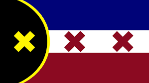 This is the L'manberg flag. It is rectangular with three evenly spaced stripes: a blue stripe on top, a white stripe in the middle, and a red stripe on the bottom. A black semicircle takes up one third of the flag on the left, laying over the three stripes. The black semicircle is outlined in yellow. Three X's sit in the middle white stripe. The first X is yellow and sits in the black semicircle. The other two X's are red and are evenly spaced on the white stripe.